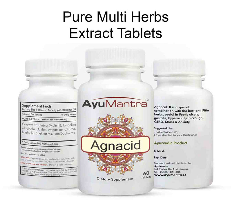 Front and back labels of Ayumantra Agnacid tablets bottle showing supplement facts.