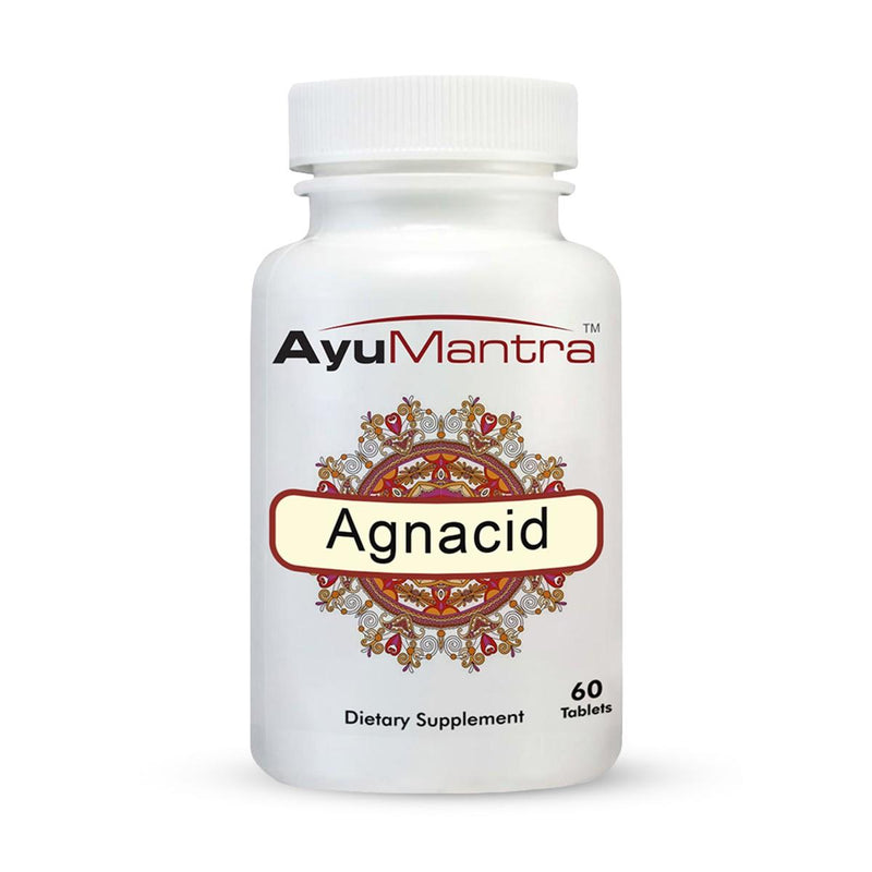 Front-facing Ayumantra Agnacid tablets bottle on white background for acidity support.