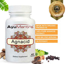 AyuMantra Agnacid dietary supplement bottle with product details on a white background.