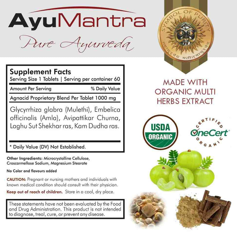 Supplement facts label for Ayumantra Agnacid tablets with organic multi-herb extract icons.