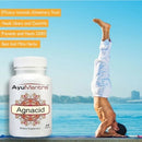 Agnacid tablets bottle beside man in headstand yoga pose promoting digestive balance