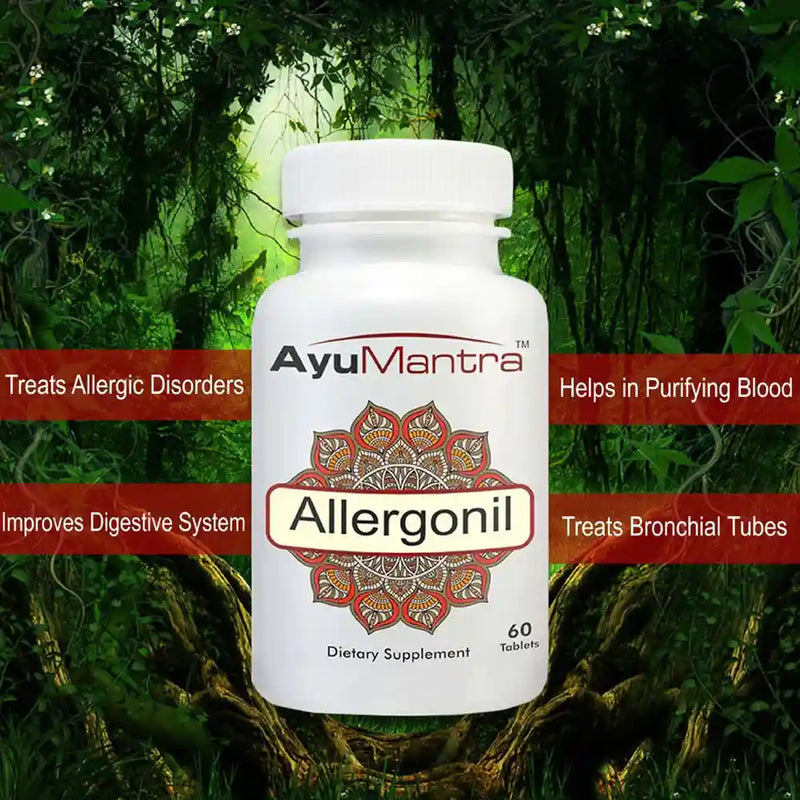 AyuMantra Allergonil dietary supplement bottle with benefits and natural background.