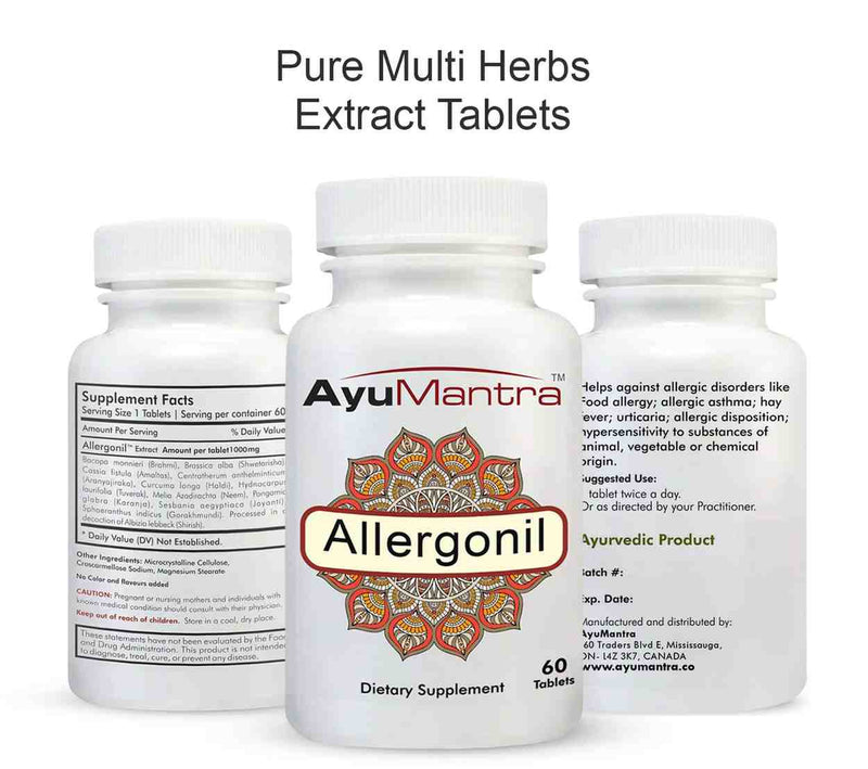 Front and back labels of the AyuMantra Allergonil tablets bottle showing multi-herb extract details.