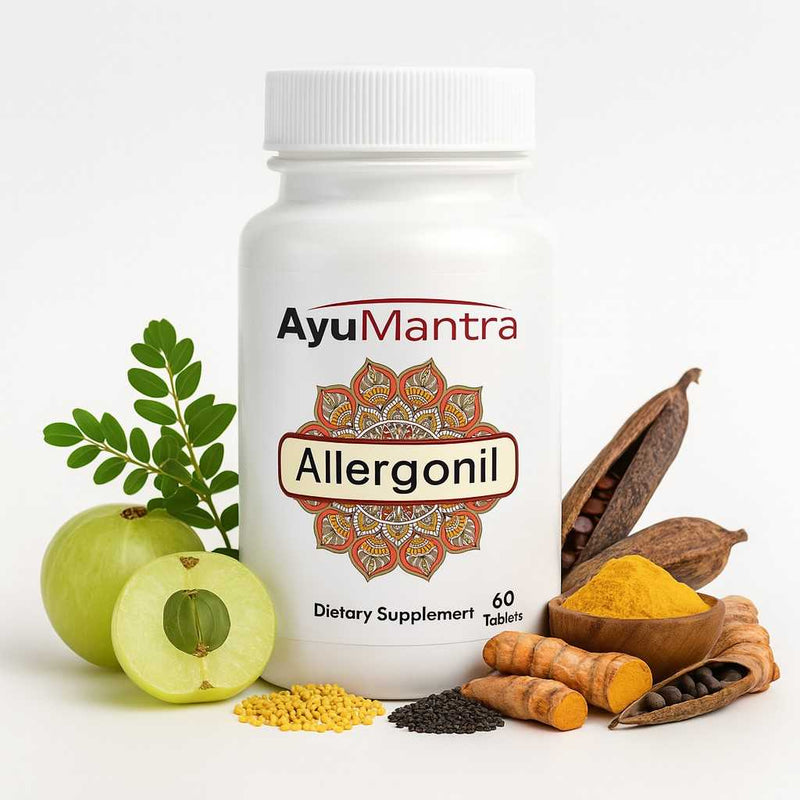 AyuMantra Allergonil dietary supplement bottle with natural ingredients on a white background.
