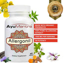 AyuMantra Allergonil dietary supplement bottle with product details and natural elements on a white background. 