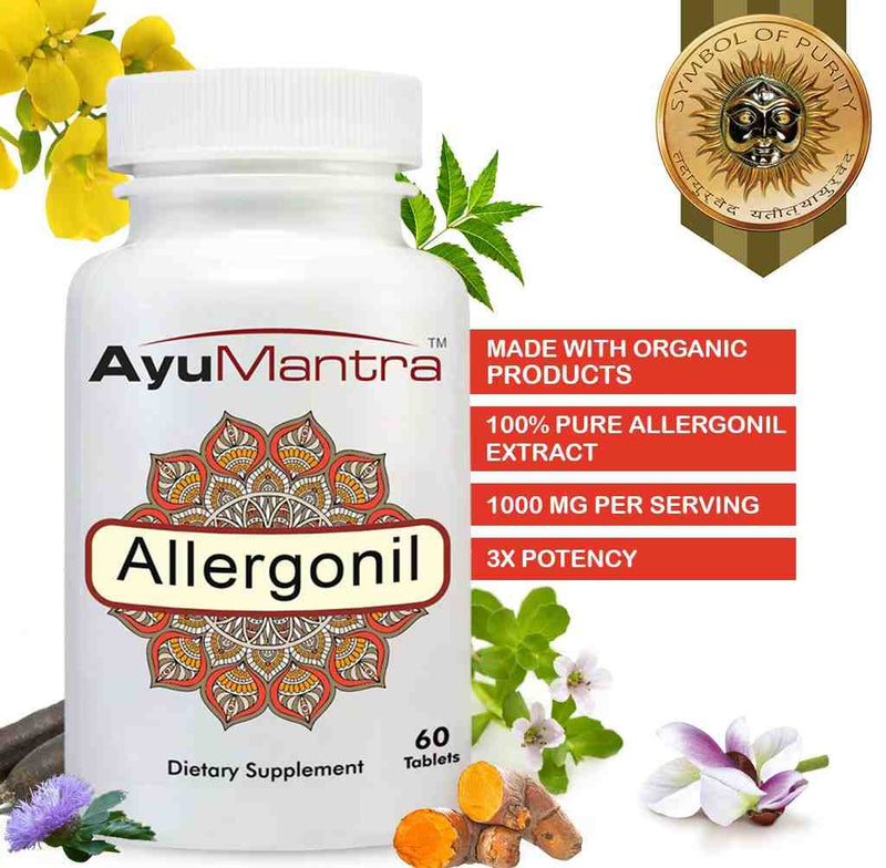 Allergonil tablets bottle with purity badge and organic herbs arranged around it on white background
