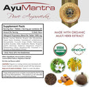 Supplement facts label for AyuMantra Allergonil tablets with organic multi herb extract icons.