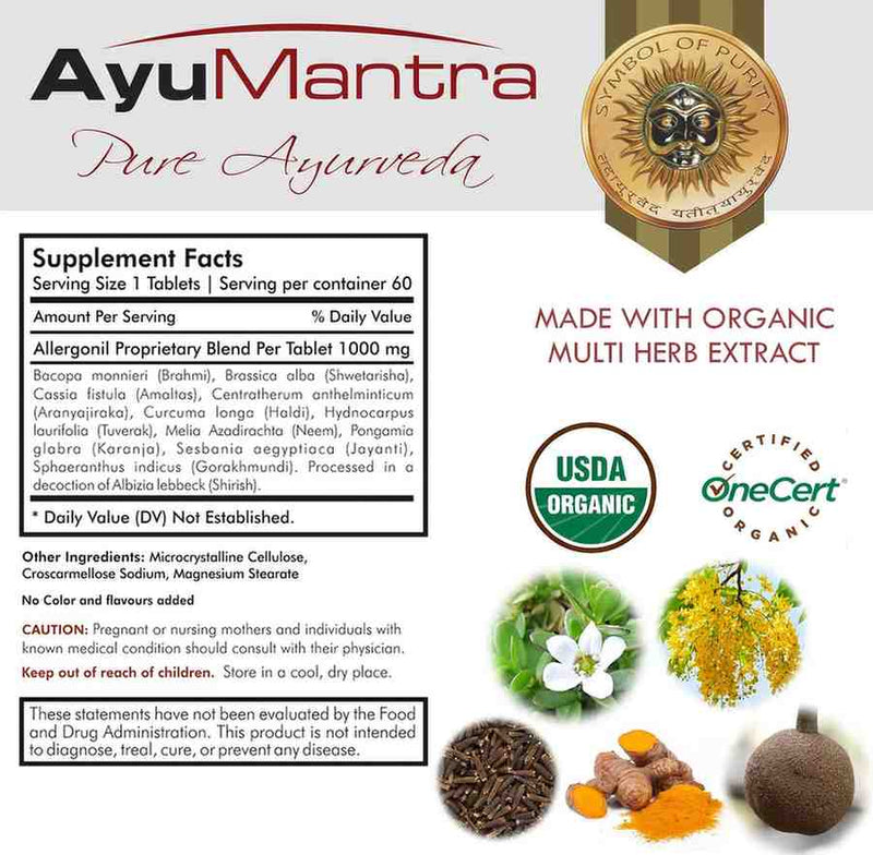 Supplement facts label for AyuMantra Allergonil tablets with organic multi herb extract icons.