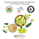 AyuMantra Amalaki Powder concept image with amla fruits, organic and kosher certification logos
