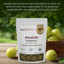 AyuMantra Amalaki powder packaging with green fruits in the background.