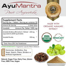 AyuMantra Pure Ayurveda supplement facts with Amalaki ingredients and certifications.