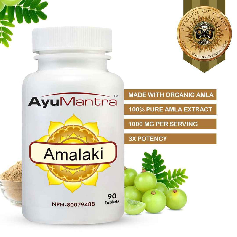 AyuMantra Amalaki tablets bottle with purity seal, organic amla fruits and herbal powder.
