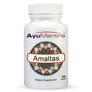 Front view of AyuMantra Amaltas tablets bottle on plain white background.