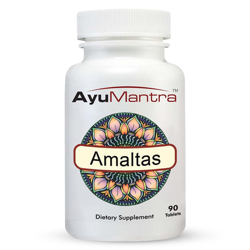 Front view of AyuMantra Amaltas tablets bottle on plain white background.