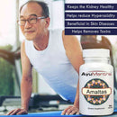 Amaltas tablets bottle beside an active senior man exercising with benefit text about kidney and skin support.