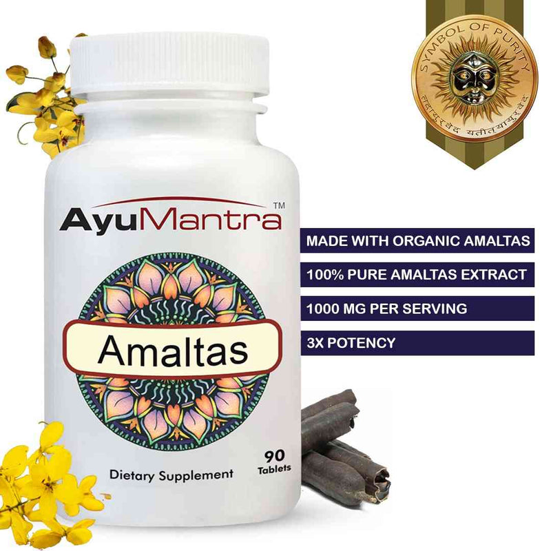 Amaltas tablets bottle with purity seal, yellow amaltas flowers and pods highlighting organic extract claims.