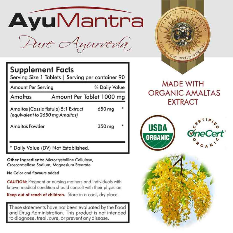 Supplement facts label for Amaltas tablets with organic extract icons, yellow amaltas flowers and powder.
