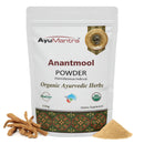 AyuMantra Anantmool Powder packaging with herbs and powder on a white background