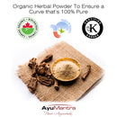 Ayumantra Anantmool Powder with dried roots and certifications, displayed on a burlap mat