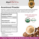 Ayumantra Anantmool Powder supplement facts and organic ingredient panel with powder bowl image.