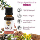AyuMantra Anu Oil bottle with natural ingredients and product features on a white background