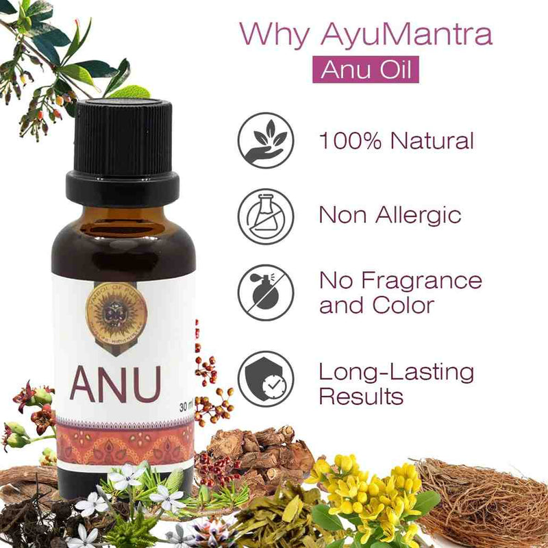 AyuMantra Anu Oil bottle with natural ingredients and product features on a white background