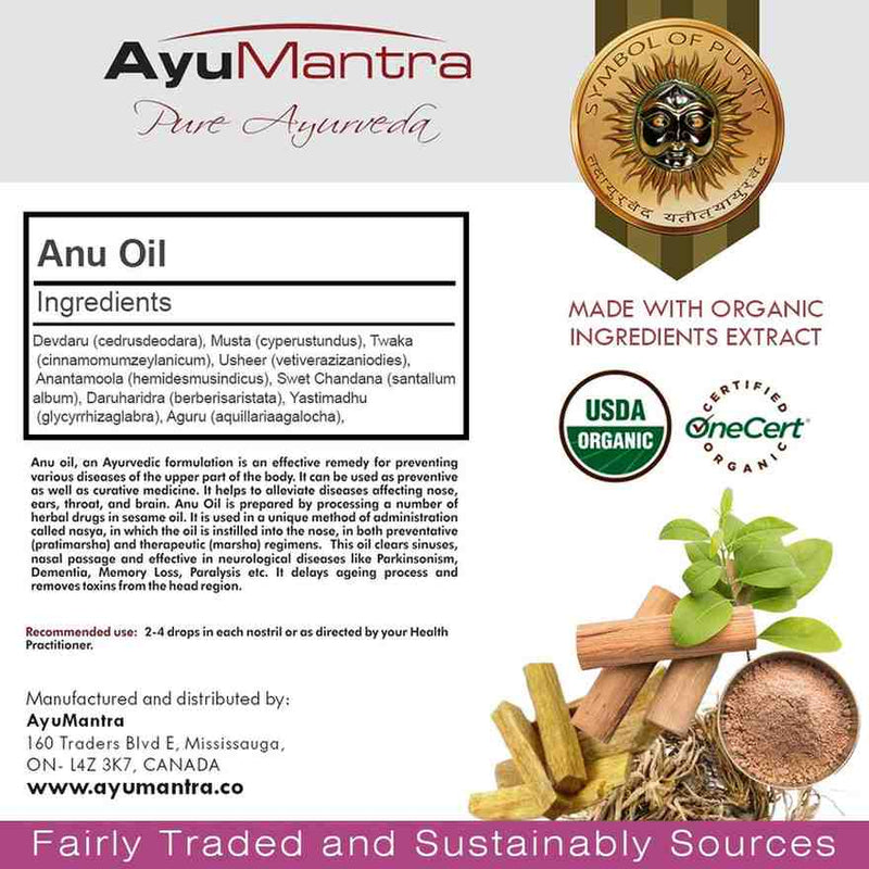 AyuMantra Anu Oil packaging with ingredients list, USDA Organic certification, and Ayurvedic symbols.