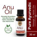 Bottle of ANU Oil with label and text on a white background