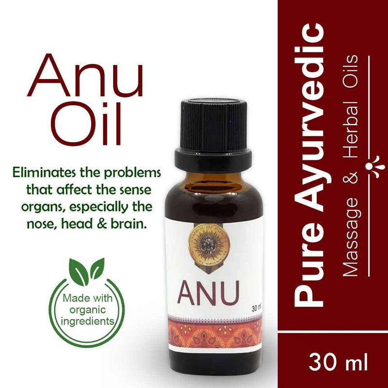 Bottle of ANU Oil with label and text on a white background