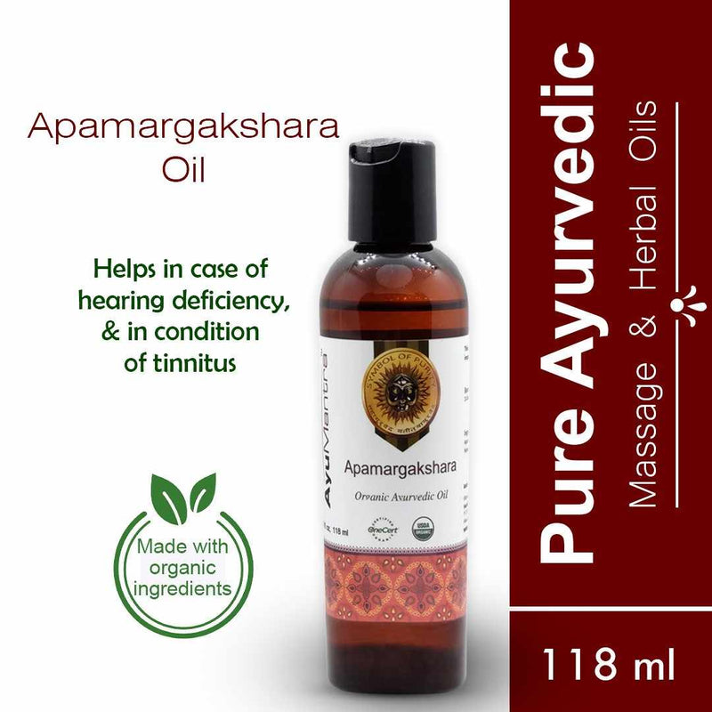 Bottle of Apamargakshara Oil with label and branding on a white background