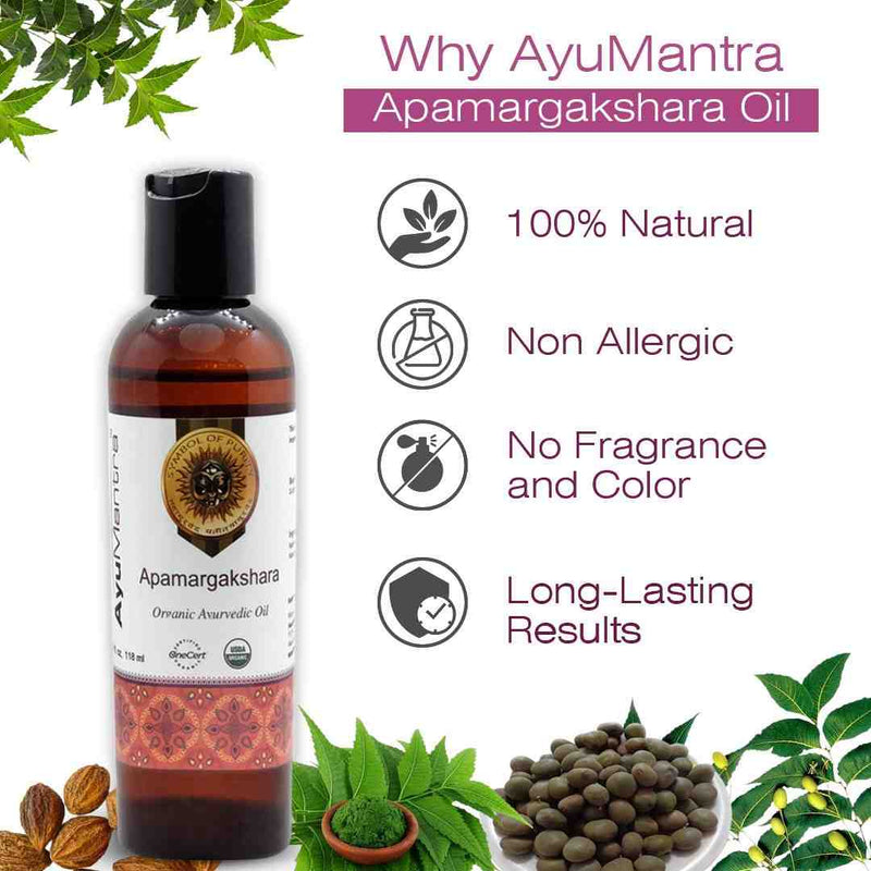 Ayurvedic oil bottle with green leaves and text highlighting benefits on a white background