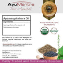 AyuMantra Apamargakshara Oil packaging with ingredients list, organic certification logos, and product description.