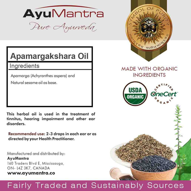 AyuMantra Apamargakshara Oil packaging with ingredients list, organic certification logos, and product description.
