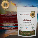 AyuMantra Arjuna Powder packaging with product details on a scenic background