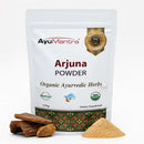 AyuMantra Arjuna Powder packaging with herbs and powder on a white background