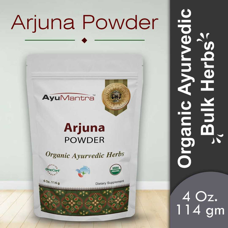 Package of Arjuna Powder by AyuMantra on a light gray background