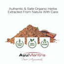 Ayurvedic herbs with certification logos and AyuMantra branding on a white background