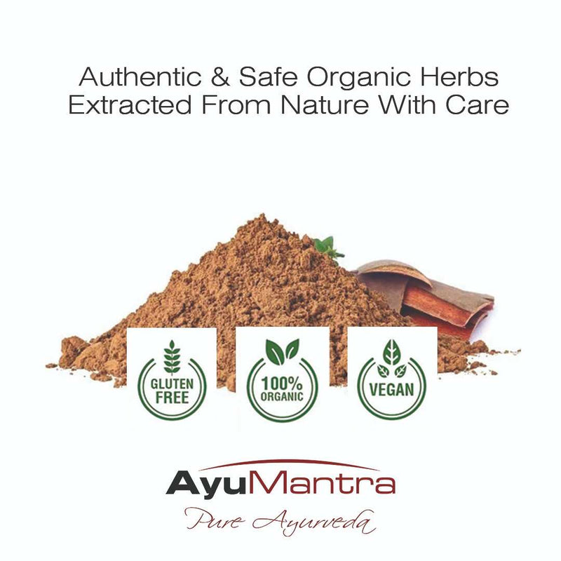 Ayurvedic herbs with certification logos and AyuMantra branding on a white background