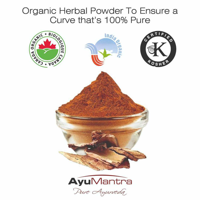 Organic herbal powder in a glass bowl with certification logos and AyuMantra branding.