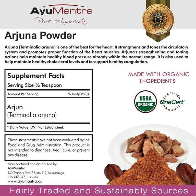Ayurvedic Arjuna Powder packaging with supplement facts and organic certification logos.