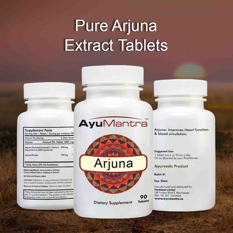 Arjuna tablets front and back bottles showing supplement facts against warm sunset background.