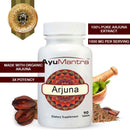 AyuMantra Arjuna dietary supplement bottle with product details on a white background.