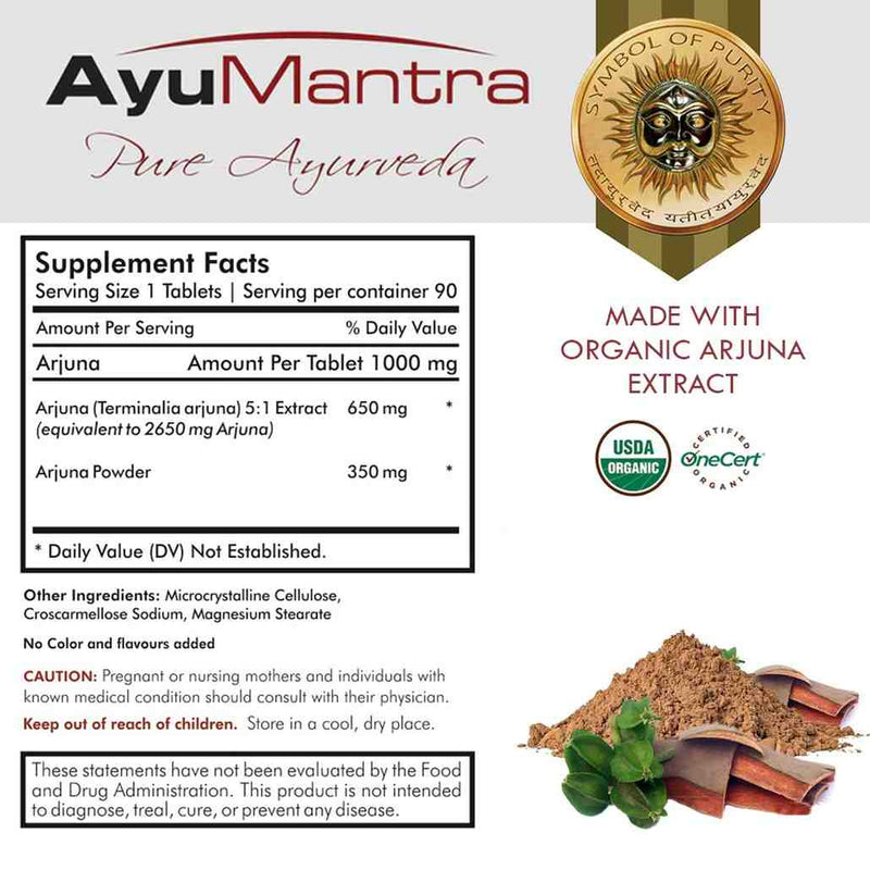 Supplement facts label for AyuMantra Arjuna tablets with organic icons, bark pieces and herbal powder.