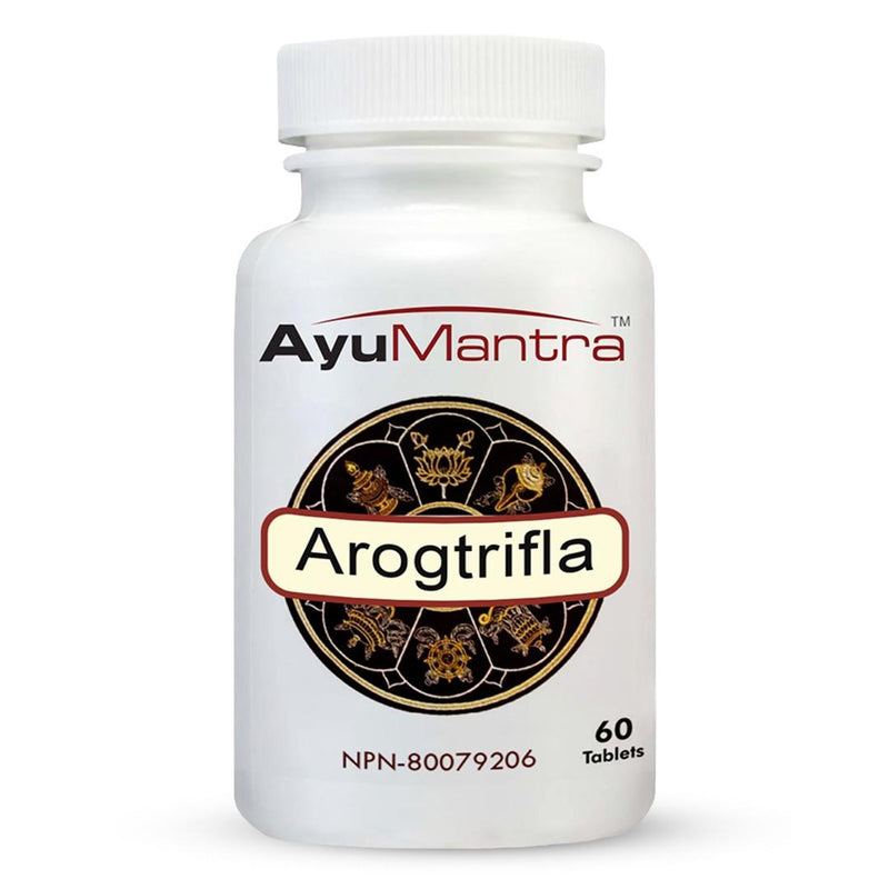 Front view of AyuMantra Arogtrifla tablets bottle on plain white studio background.