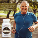 Arogtrifla tablets bottle beside smiling older man jogging in park, supporting healthy metabolism.