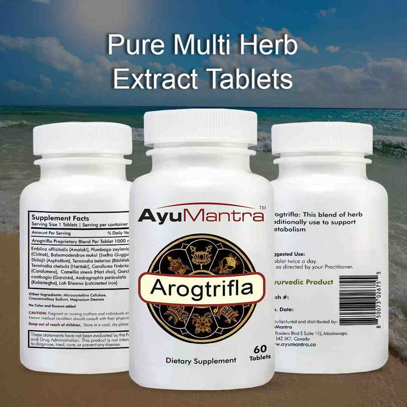 AyuMantra Arogtrifla dietary supplement bottles with a beach background.
