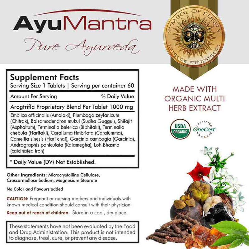 AyuMantra Pure Ayurveda supplement label with ingredients and branding details.