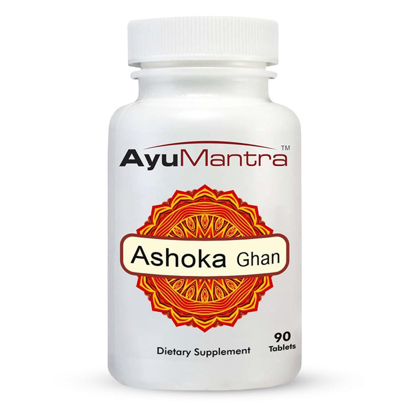 AyuMantra Ashoka Ghan dietary supplement bottle on a white background.