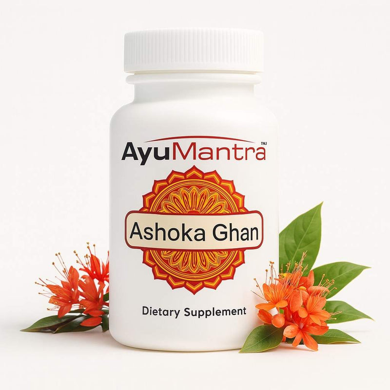 AyuMantra Ashoka Ghan dietary supplement bottle with flowers on a white background. 