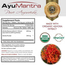AyuMantra Pure Ayurveda supplement label with organic certification logos and Ashoka plant image.